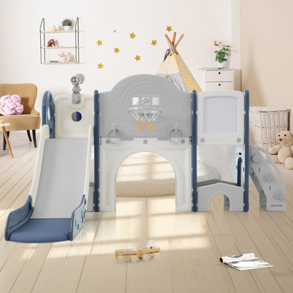 10 in 1 Kinderrutsche Kletterspielzeug, Multifunktionsrutsche Rutschen, freistehende Rutsche, Klettern, Bohrspiel, Stauraum, Spielkorridor, Basketballkorb, Lasso-Spiel, Reißbrett, Golfspiel, Teleskop