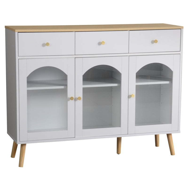 Sideboard mit 3 Schubladen und 3 gebogenen Türen mit breitem Schrank aus gehärtetem Glas für Buffettische in Küchen und Esszimmern, weiß und natur