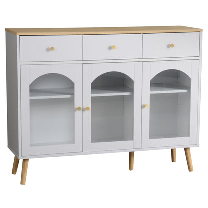 Sideboard mit 3 Schubladen und 3 gebogenen Türen mit breitem Schrank aus gehärtetem Glas für Buffettische in Küchen und Esszimmern, weiß und natur