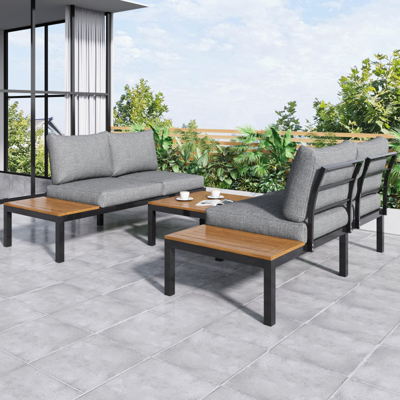 Garten-Lounge-Set (2 Zweisitzer, 2 Beistelltische, 1 Tisch), Tischplatte aus massiver Akazie, Stoffbezug für Rückenlehne, grau(previous sku:HW00005AAE)