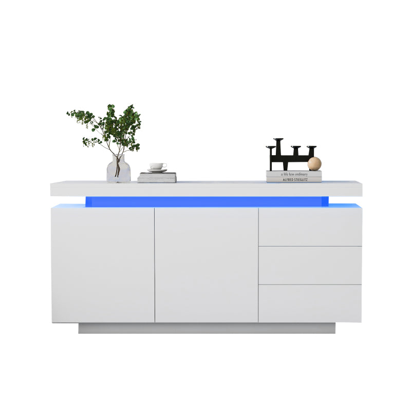 Sideboard Schrank Modern Wohnzimmer Beistellschrank Standschrank Kommode Highboard Anrichte Möbel 2 Türen 3 Schubladen Hochglanz Sideboard mit LED Licht Grifflose 140x35x72.5cm - Weiß