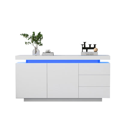Sideboard Schrank Modern Wohnzimmer Beistellschrank Standschrank Kommode Highboard Anrichte Möbel 2 Türen 3 Schubladen Hochglanz Sideboard mit LED Licht Grifflose 140x35x72.5cm - Weiß