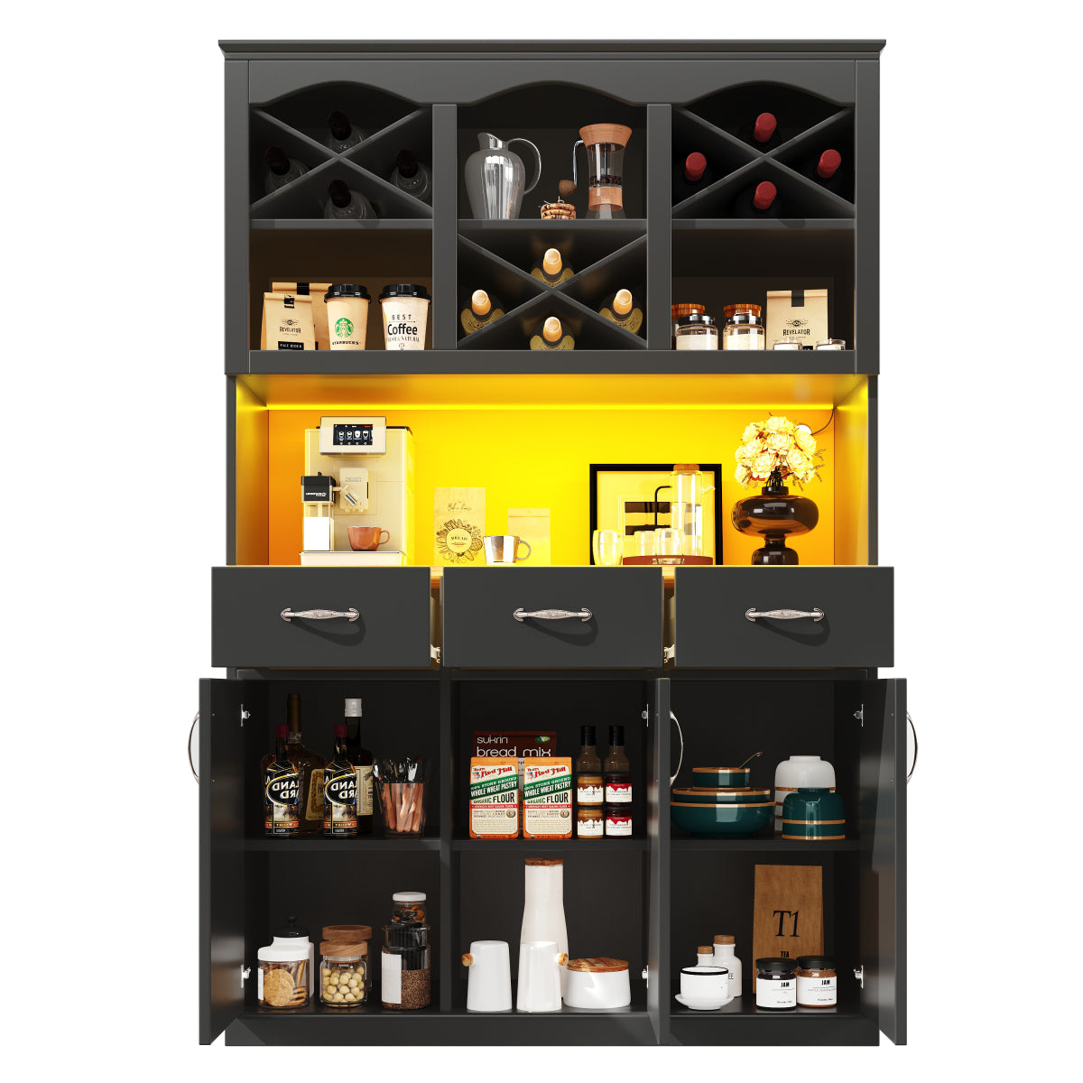 Küchenschrank 120x180cm LED, Hohes Buffet Schwarz, 3 Türen & 3 Schubladen, App-Steuerung, MDF Mehrzweckschrank