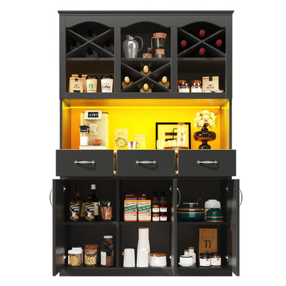 Küchenschrank 120x180cm LED, Hohes Buffet Schwarz, 3 Türen & 3 Schubladen, App-Steuerung, MDF Mehrzweckschrank