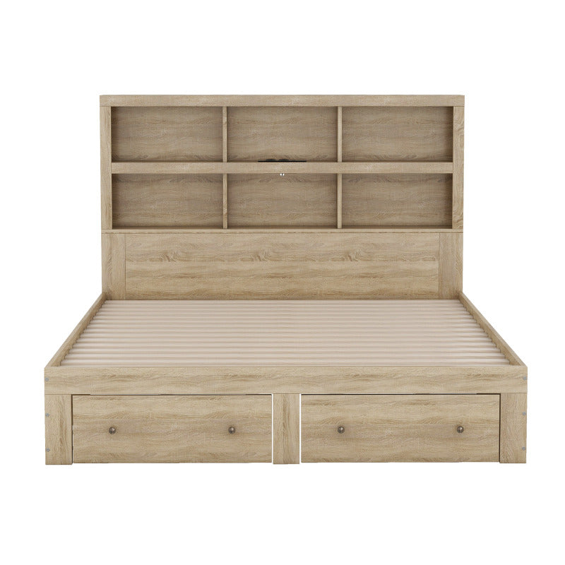 160*200 cm Doppelbett, Kingsize-Plattformbett mit zwei Schubladen am Fußende des Bettes, Kopfteil mit Stauraum, Natur
