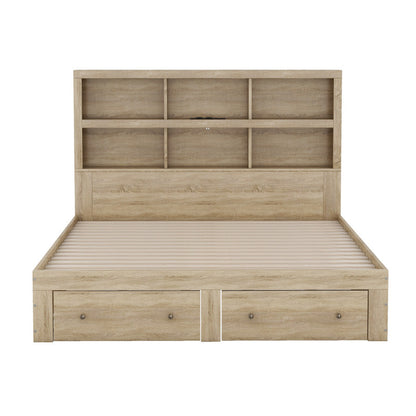 160*200 cm Doppelbett, Kingsize-Plattformbett mit zwei Schubladen am Fußende des Bettes, Kopfteil mit Stauraum, Natur