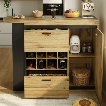 Ausziehbarer Bartisch 138-220cm Küchentisch mit Weinregal & 2 Schubladen, Stehtisch Natur Holzoptik, Multifunktionale Kücheninsel