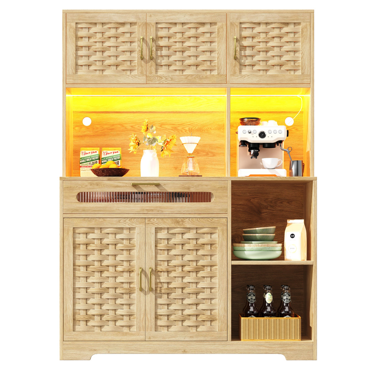 Hochschrank 120x40x180cm Vitrine mit LED-App-Steuerung & Musikmodus, Küchenschrank Natur Holzoptik, MDF-Geflecht & Glastüren