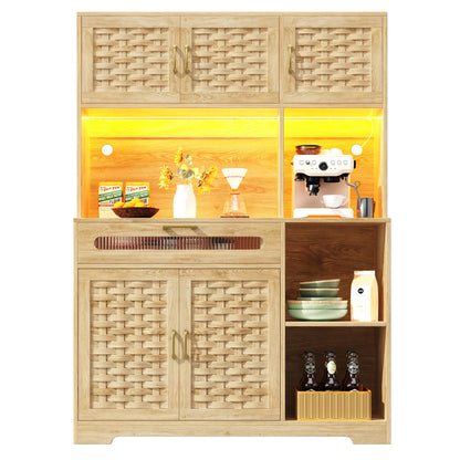 Hochschrank 120x40x180cm Vitrine mit LED-App-Steuerung & Musikmodus, Küchenschrank Natur Holzoptik, MDF-Geflecht & Glastüren