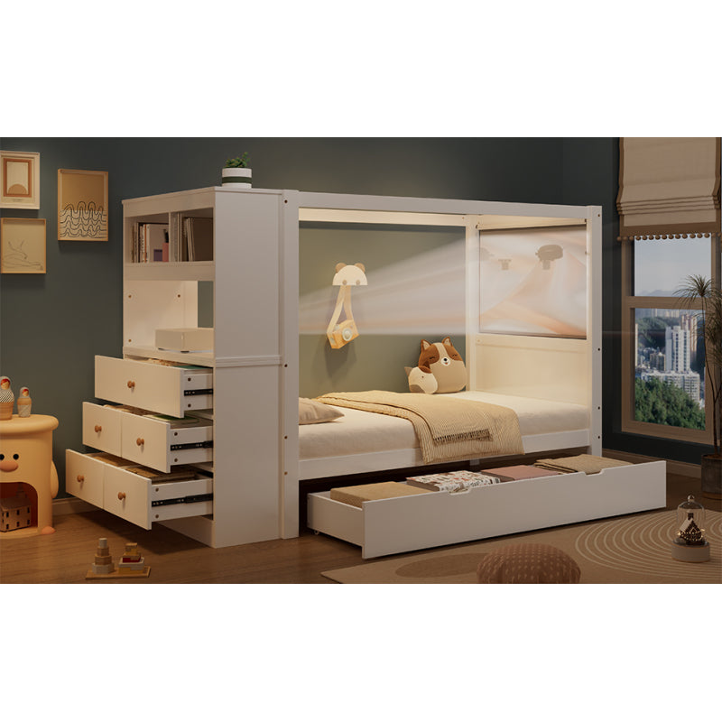 Einzelbett, Kinderbett mit Fallschutz und Gitter,  Holzbett mit Stauraum, Weiß+Natur,  90x200cm