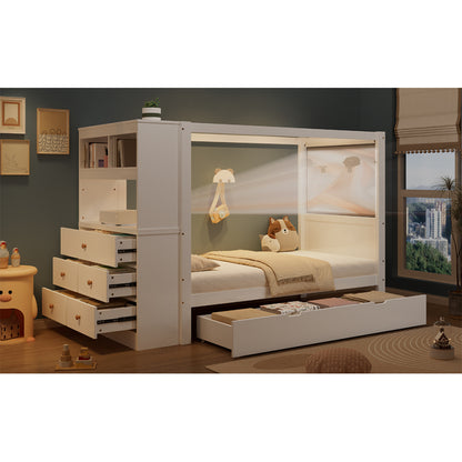 Einzelbett, Kinderbett mit Fallschutz und Gitter,  Holzbett mit Stauraum, Weiß+Natur,  90x200cm