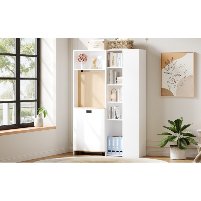 Klappbarer Schreibtisch mit Ablagen –2-in-1-Bücherregal und Schreibtisch, klappbar, mit Steckdose und USB-Anschluss, Kippschutz, weiß