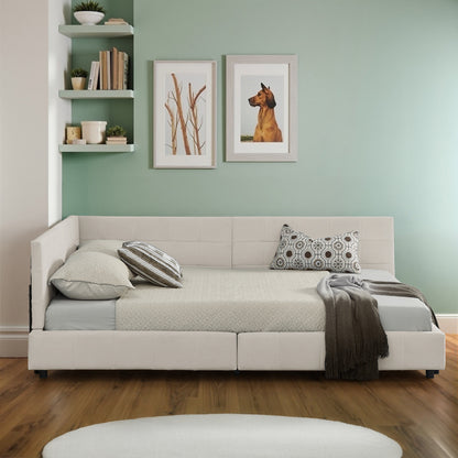 Doppelbett 140x200 cm, weiches hautfreundliches Samt, L-förmiges Eck Bettgestell, robuste Eukalyptus- und Eisenlatten, Beige (ohne Matratze)