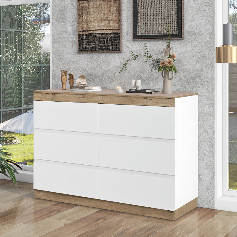 Kommode mit 6 Schubladen, Schließfach,Funktion von Aufbewahrung, für Schlafzimmer und Wohnzimmer, E1-Spanplatte, weiß+oak