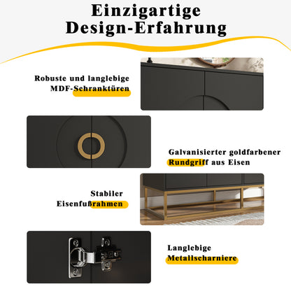 Esszimmerschrank (140×40×83cm), Esszimmer-Wohnzimmer-Aufbewahrungsschrank, einzigartiges Design, Schranktürdesign, freistehender Schrank, Minimalistisches Sideboard,Rundzugring Schranktür,Schwarz