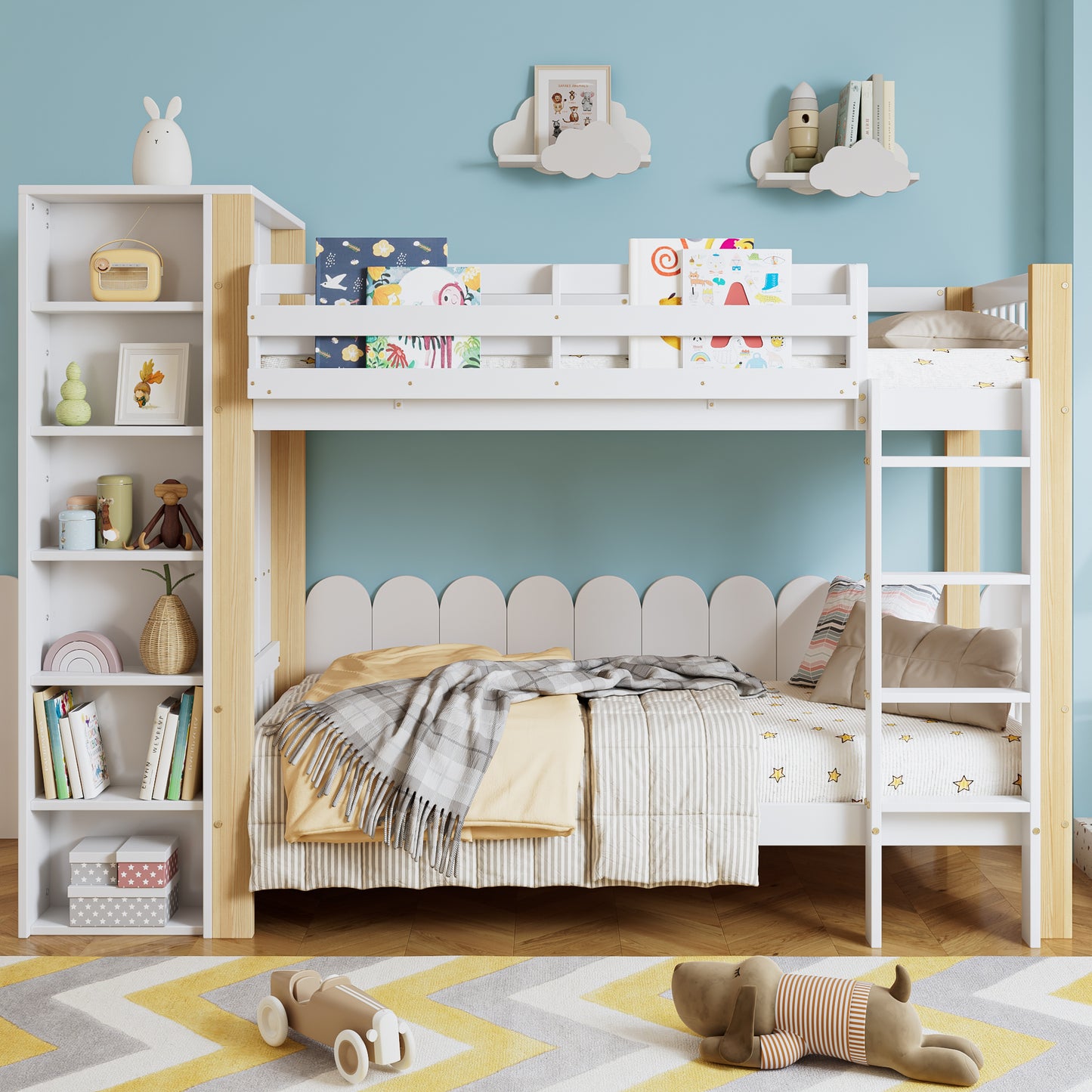 Etagenbett, Kinderbett mit Fallschutz und Gitter, mit 4-stufiger Leiter, 6 offenen Regalen, Kleiderschrank seitlich, Reichlich Stauraum,  Kiefer+PB, Weiß+Natur,  90x200cm