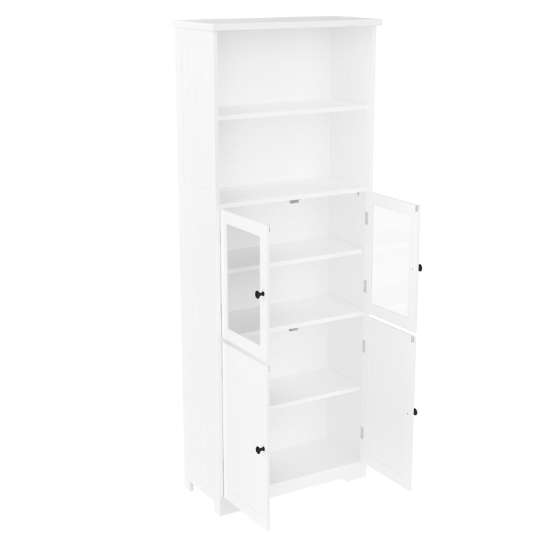 57.5 x 28.5 x 160cm Badezimmer-Hochschrank mit Stauraum, feuchtigkeitsbeständige Farbe, Glasschranktür, Holzschranktür, zwei offene Ablagefächer, verstellbare Trennwände, einfache Textur, weiß