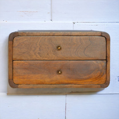 Schwebender Nachttisch aus massivem Mangoholz – Kastanienbraun, Curved Design, 2 Schubladen, Handgefertigt, Wandmontage, 45x32x25 cm