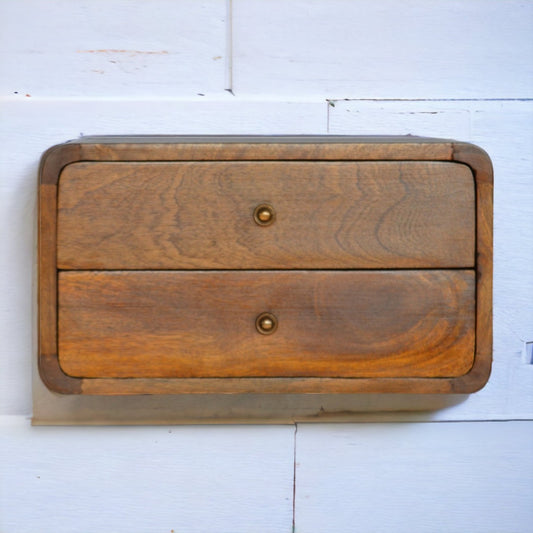 Schwebender Nachttisch aus massivem Mangoholz – Kastanienbraun, Curved Design, 2 Schubladen, Handgefertigt, Wandmontage, 45x32x25 cm
