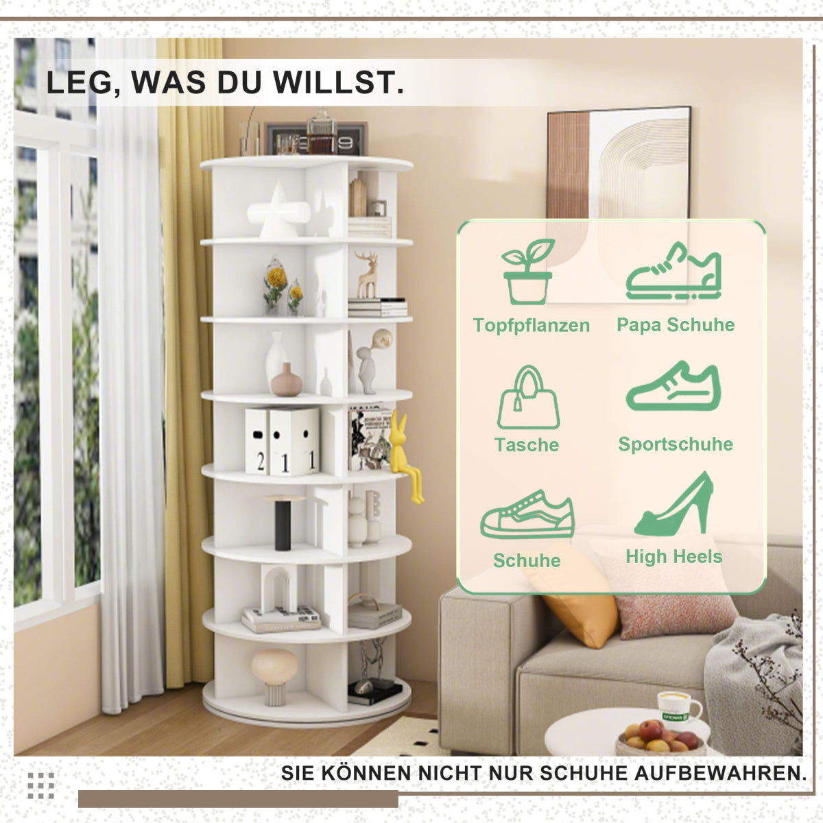 Drehbares Schuhregal 7 Etagen, 360°, Platzsparend, 28 Paar, Weiß, 161 cm