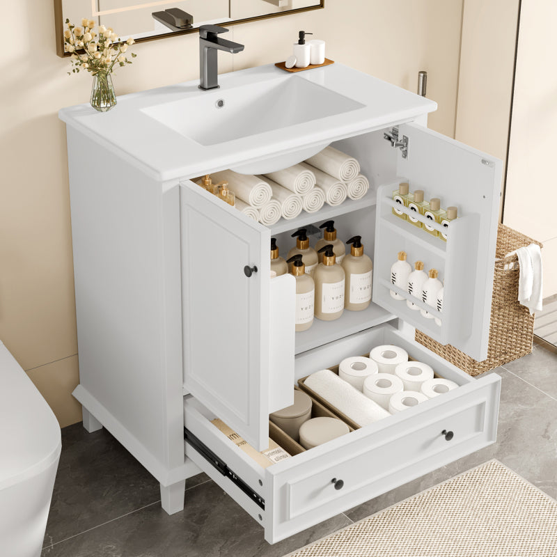 Bodenstehender Badezimmerschrank mit Waschbecken, Waschtisch, feuchtigkeits- und wasserdicht, integriertes Keramik Waschbecken, weiß