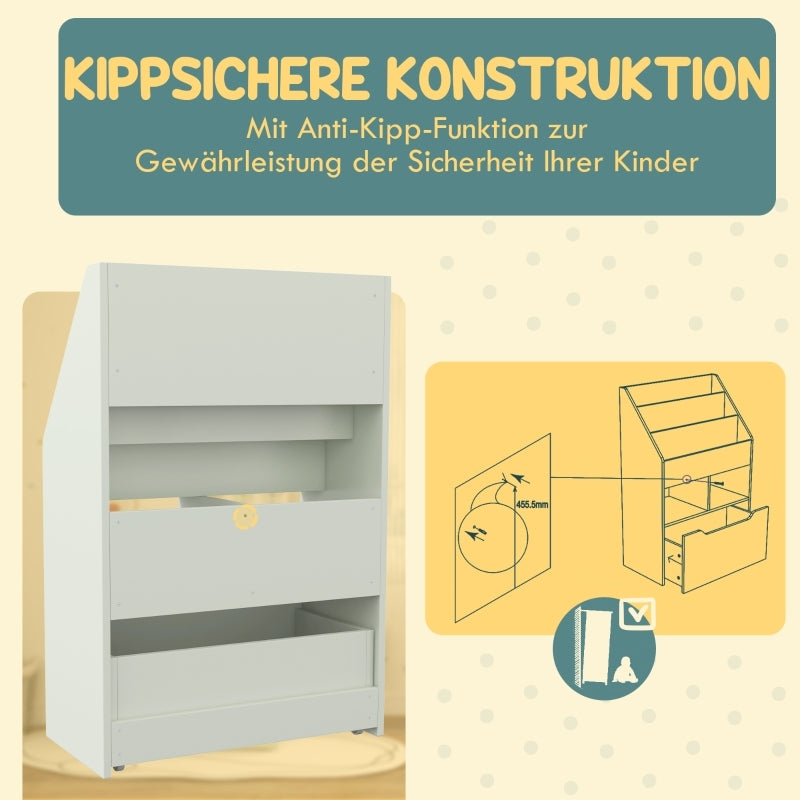 Kinder Bücherregal Kinderregal mit Schublade, 3 Ablagefächern und 2 offenen Fächern, Aufbewahrungsregal für Kinderzimmer, Spielzimmer, Hellgrün