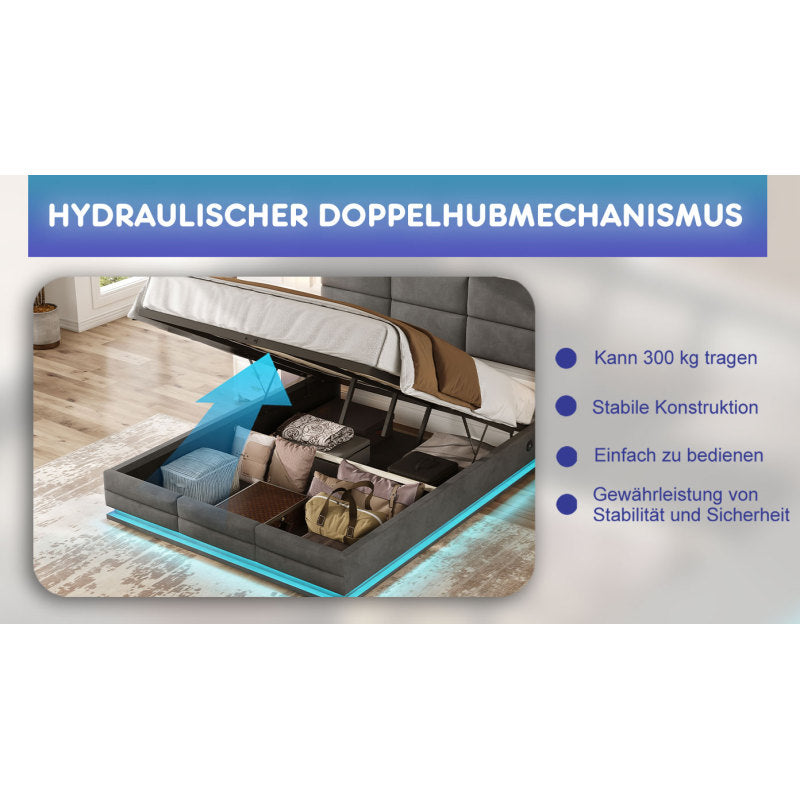 160 x 200 cm Bettgestell aus weichem Samt mit USB Type C Ladefunktion und LED Beleuchtung, Hydrauliksystem Stauraum Bettgestell aus Samtmaterial Jugendbett mit Lattenrost, Grau