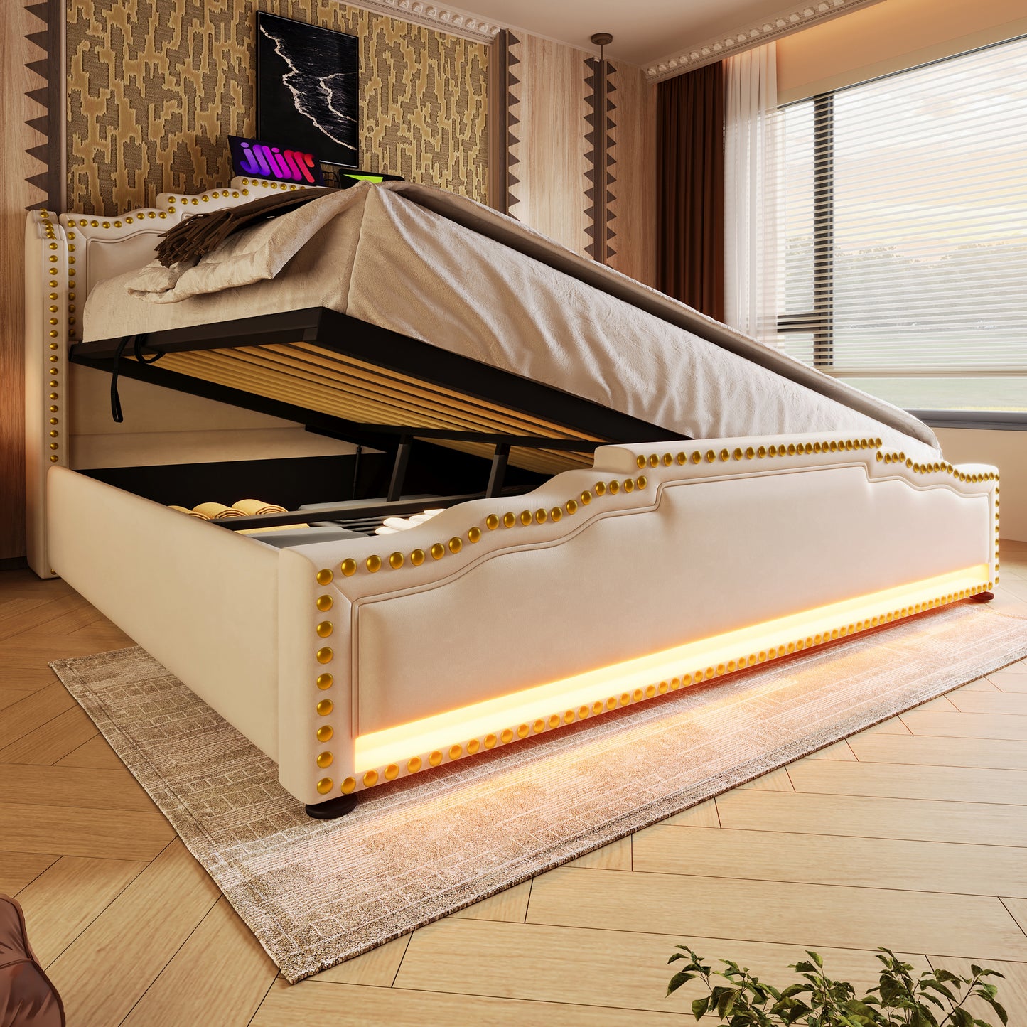 Polsterbett 140x200, Doppelbett mit hydraulischem Stauraum, LED-Beleuchtung und USB-C-Ladeanschluss, Stauraumbett und Jugendbett mit Lattenrost, Samt, Beige, ohne Matratze