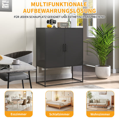Metall-Sideboard,Lagerschrank– 2 Regale, freistehender Stahlschrank, Magnettüren, Anti-Kipp-Sicherung, Wohnzimmer, Küche, Büro, Schwarz, H 109 cm × B 85 cm × T 40 cm