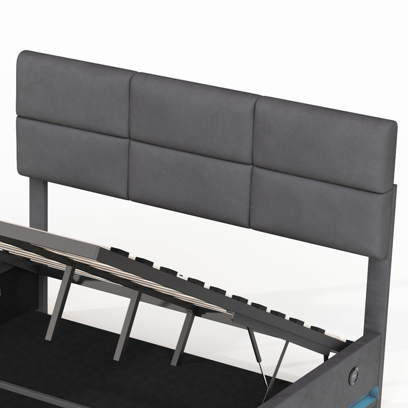 160 x 200 cm Bettgestell aus weichem Samt mit USB Type C Ladefunktion und LED Beleuchtung, Hydrauliksystem Stauraum Bettgestell aus Samtmaterial Jugendbett mit Lattenrost, Grau