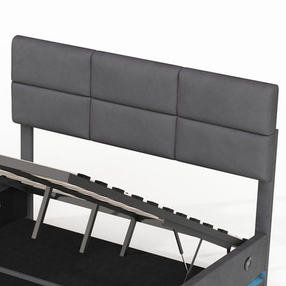 160 x 200 cm Bettgestell aus weichem Samt mit USB Type C Ladefunktion und LED Beleuchtung, Hydrauliksystem Stauraum Bettgestell aus Samtmaterial Jugendbett mit Lattenrost, Grau