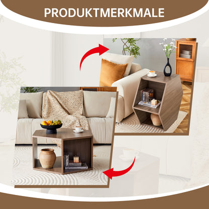 Sechseckiger Couchtisch 79 cm, Walnuss-Optik, Modernes Mid-Century Design