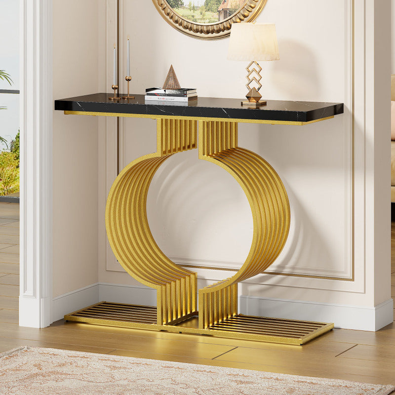 100*35*80cm moderner, schlichter schwarzer Hochglanz-Couchtisch, kleiner Beistelltisch fürs Wohnzimmer, Konsolentisch, goldener Sockel kann auf zwei Arten installiert werden