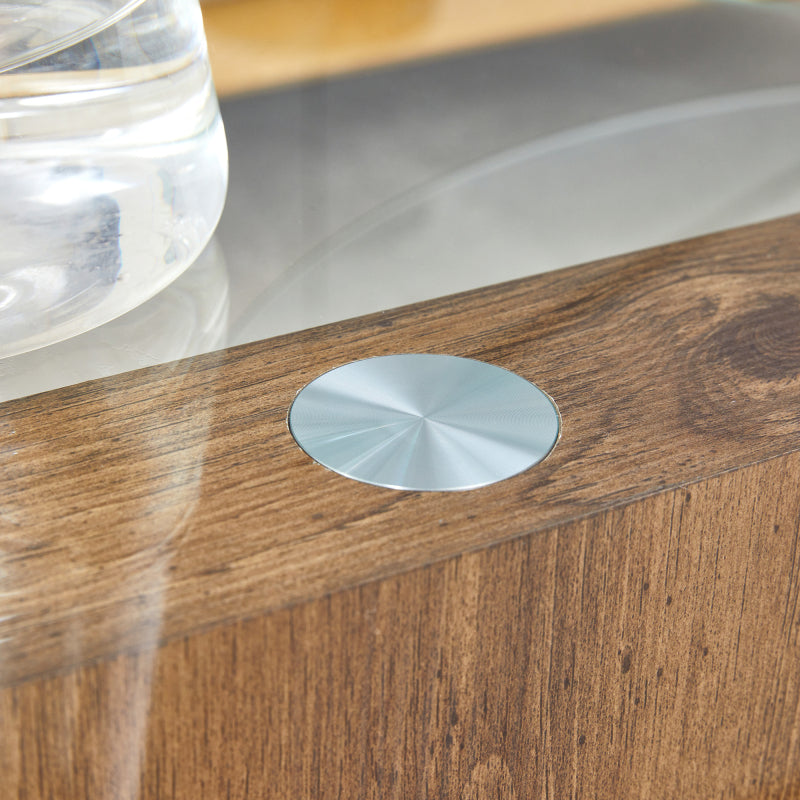 Moderner minimalistischer gehärteter Glas-Couchtisch, mehrschichtiges Design, mit natürlichen Holz-Textur-Aufklebern