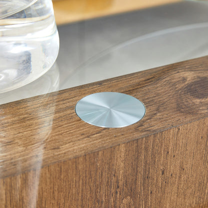 Moderner minimalistischer gehärteter Glas-Couchtisch, mehrschichtiges Design, mit natürlichen Holz-Textur-Aufklebern