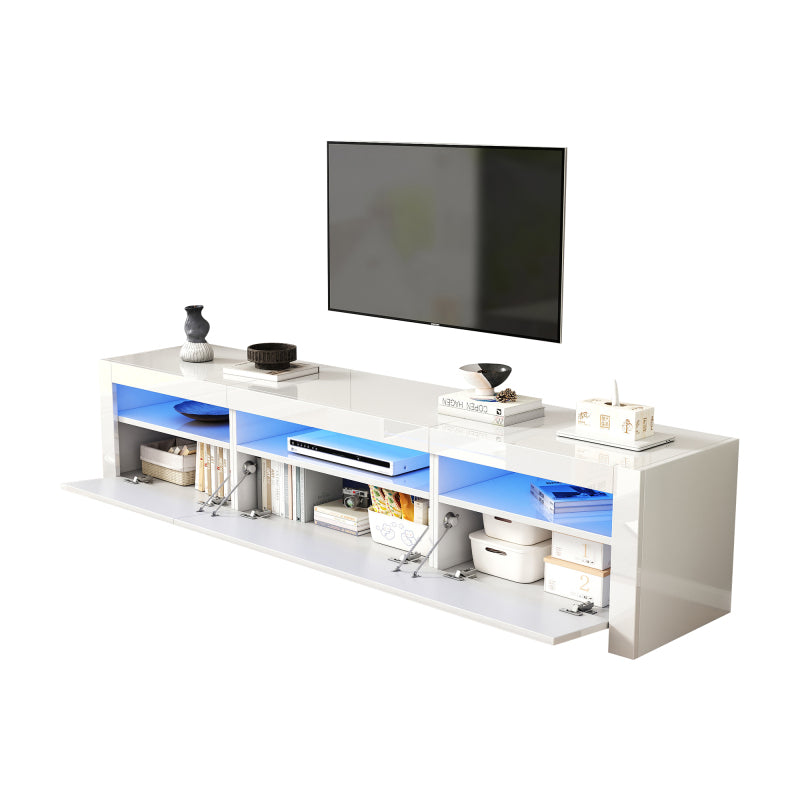 Weißer Hochglanz-TV-Schrank mit LED-Beleuchtung und Stauraum, weißes niedriges Paneel, bietet Platz für 80-Zoll-Fernseher, TV-Unterschrank mit herunterklappbarer Schranktür, 190 x 24 x 40 cm