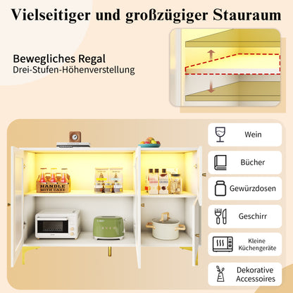 Modernes und schlichtes weißes Sideboard (140 x 40 x 90 cm), Changhong-Glastür-Design, integriertes warmes Umgebungslicht, mit dekorativen Metalldetails und viel Stauraum, geeignet für Esszimmer