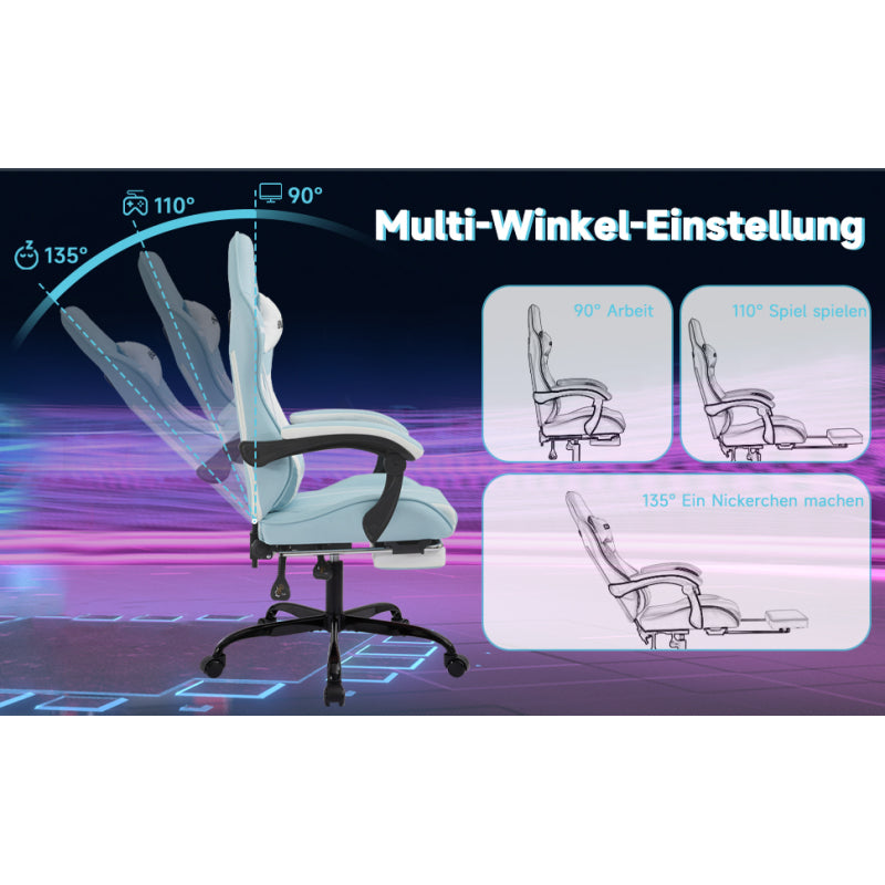 Gaming Stuhl Computerstuhl Ergonomischer Gaming Chair mit Fußstütze Bürostuhl Ergonomischer Computerstuhl mit Lendenwirbelstütze Bluewhite