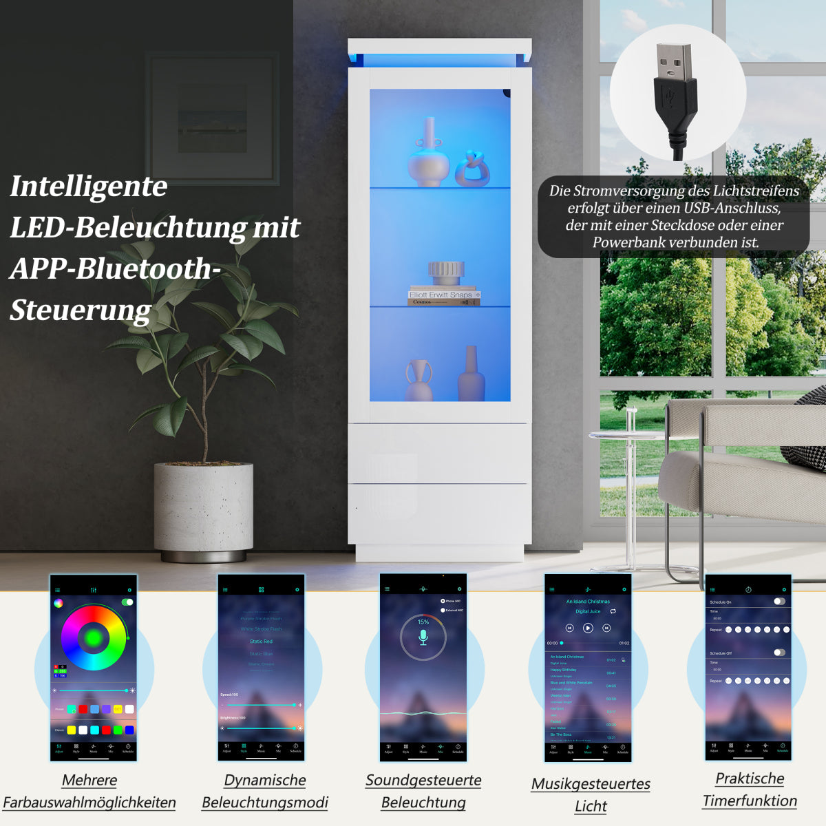 Weiß Hochglanz Vitrine 60x40x171cm mit App-LED & 2 Schubladen, Glasvitrine Hochschrank mit Acryltür, Standregal Wohnzimmerschrank