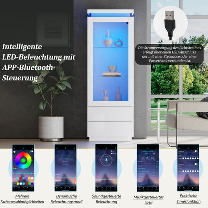 Weiß Hochglanz Vitrine 60x40x171cm mit App-LED & 2 Schubladen, Glasvitrine Hochschrank mit Acryltür, Standregal Wohnzimmerschrank
