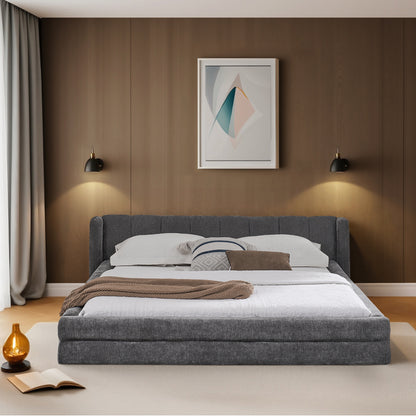 Doppelbett 140×200 cm, Chenille Stoff, komfortable Rückenlehne, robustes Eukalyptus und Eisengestell, einfach zu montieren, Dark Gray (ohne Matratze)
