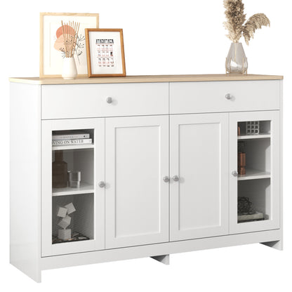 Sideboard mit weißer Holzmaserung, vier Türen, mit zwei Schubladen, Tür mit Glas. Wohnzimmer, Esszimmer. Holzfarbe und Weiß