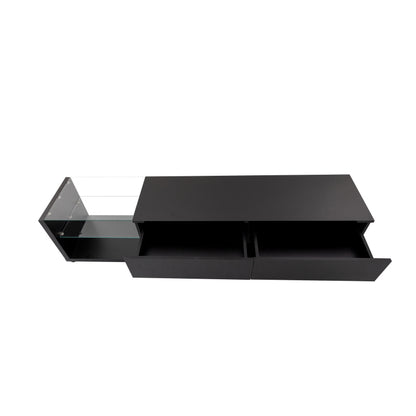 TV-Schränke, Lowboards, Hochglanz-Wohnzimmermöbel. Glastrennwände und variable LED-Beleuchtung. Es verbindet natürlichen, rustikalen Stil mit modernem Design.