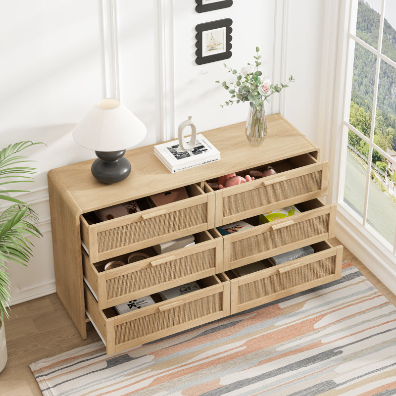 130CM Arc Shaped Corner Rattan Cabinet, 6-Drawers Rattan Storage Cabinet Rattan Drawer, for Living Room Bedroom,and Kitchen, Natural