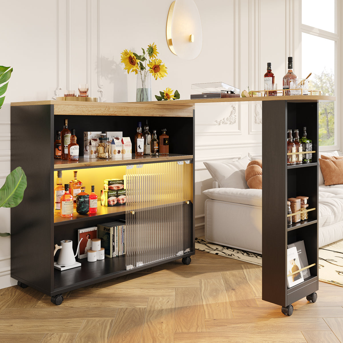 Produkttitel:  Bartisch ausziehbar 138-204cm, fahrbarer Stehtisch mit LED & Changhong-Glas, Küchentisch mit Rollen & Stauraum, Bistro Table, Schwarz