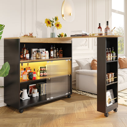 Produkttitel:  Bartisch ausziehbar 138-204cm, fahrbarer Stehtisch mit LED & Changhong-Glas, Küchentisch mit Rollen & Stauraum, Bistro Table, Schwarz