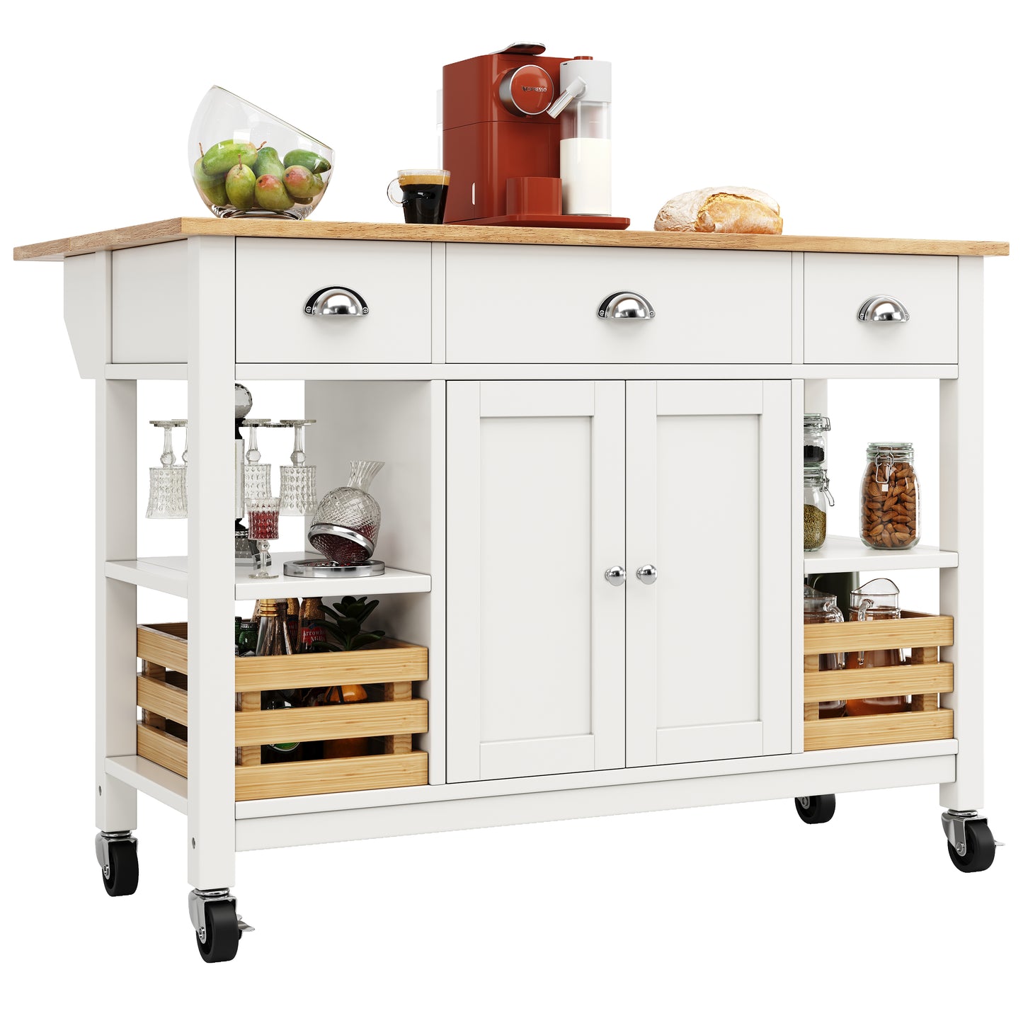 Moderne Kücheninsel Küchenschrank 120x45x90cm Esszimmerwagen mit Kiefernkorb Multifunktions Esstisch Holzmaserung Aufbewahrungskorb Weiß