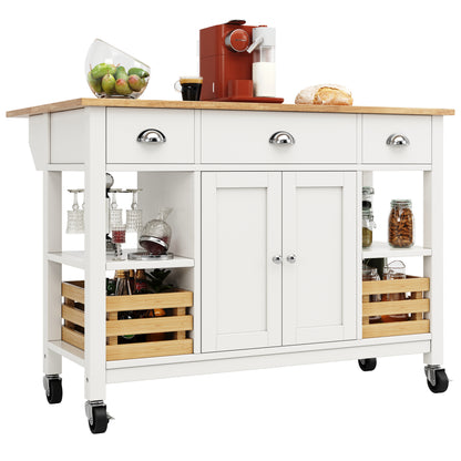 Moderne Kücheninsel Küchenschrank 120x45x90cm Esszimmerwagen mit Kiefernkorb Multifunktions Esstisch Holzmaserung Aufbewahrungskorb Weiß
