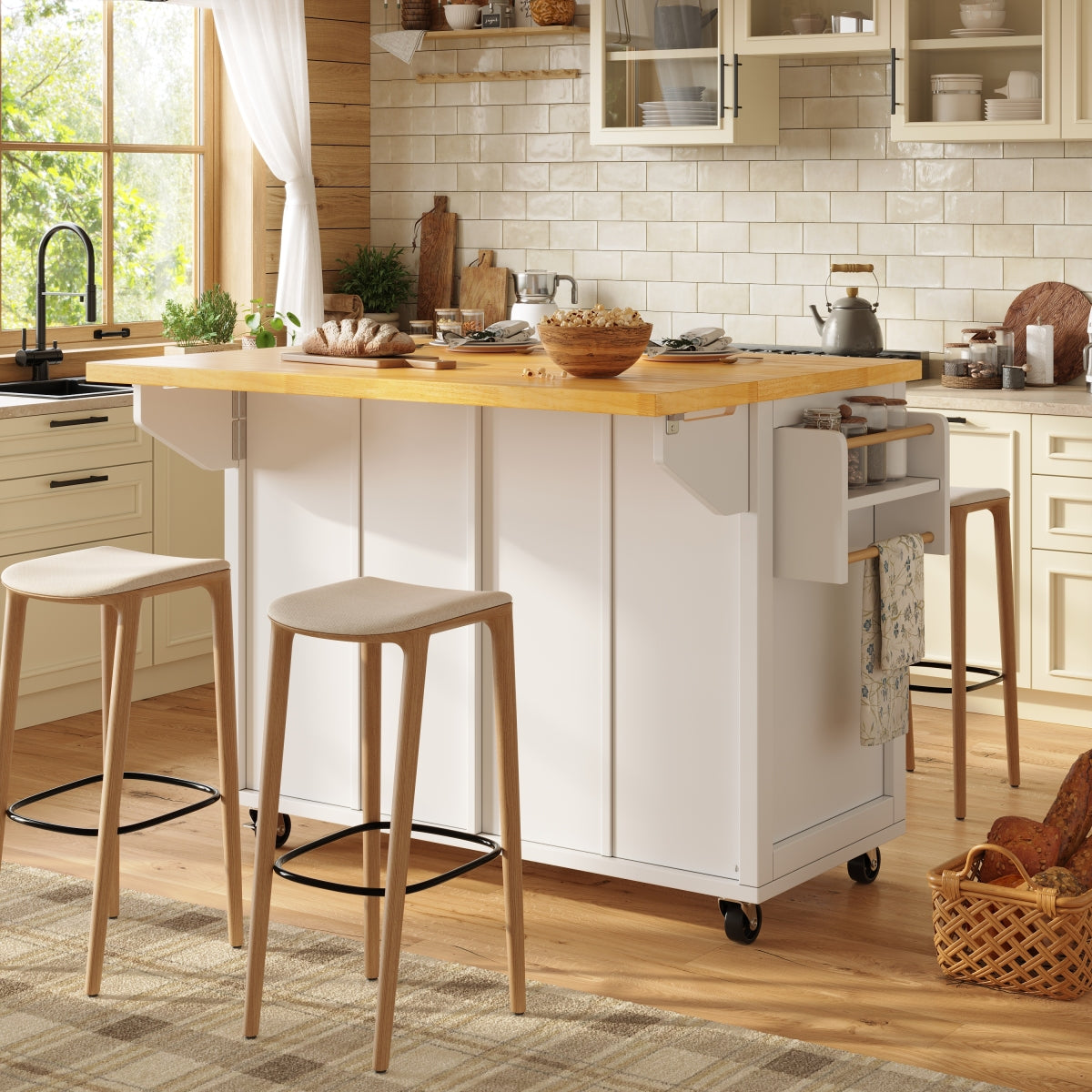 Kücheninsel mit Rollen & Glastüren, klappbare Arbeitsplatte, mobiler Servierwagen mit Schublade & Regal, Küchenwagen Weiß & Holzoptik
