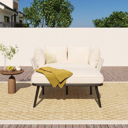 Gartensofa mit 2 Kissen und 2 Polster, Sonnenliege im Außenbereich, Gartenlounge, Kissen sind abnehmbar und waschbar, Beige